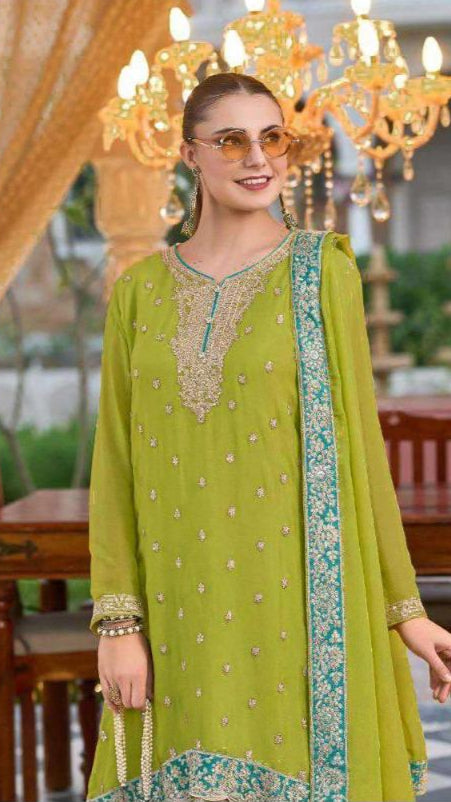 Adorning Mehandi Chinon Embroidery Work With Plazzo Suit Set