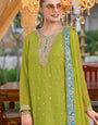 Adorning Mehandi Chinon Embroidery Work With Plazzo Suit Set