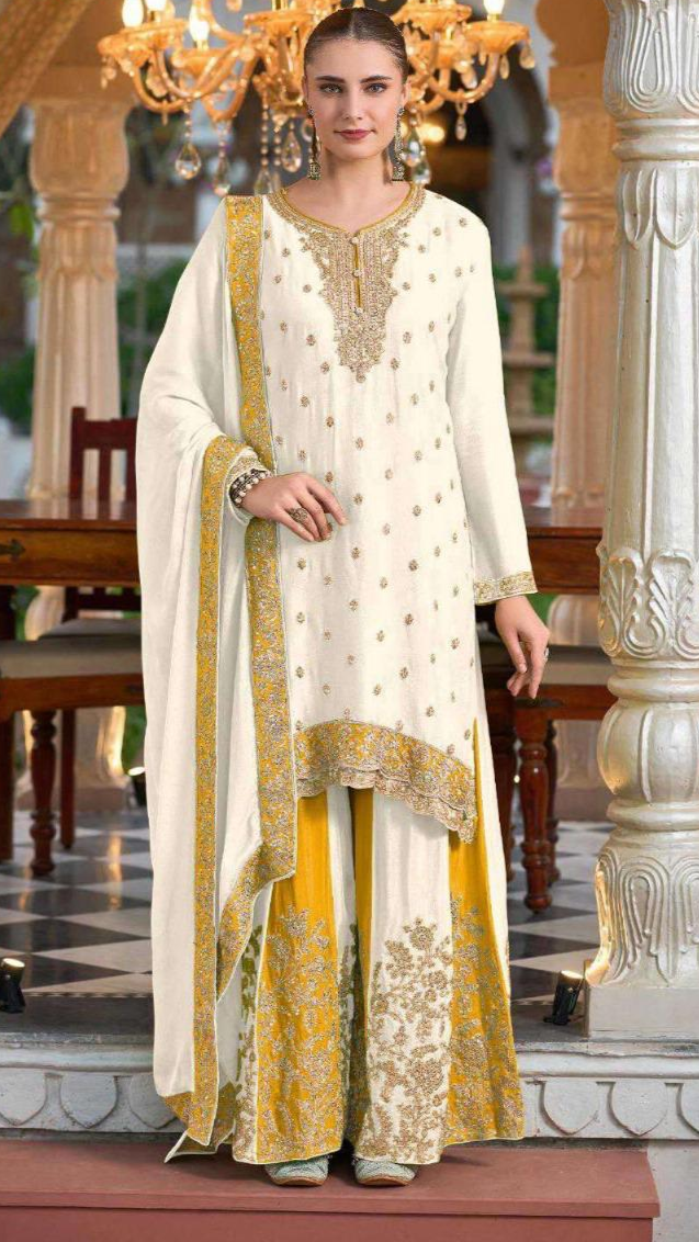 Charismatic Off White Chinon Embroidery Work With Plazzo Suit Set