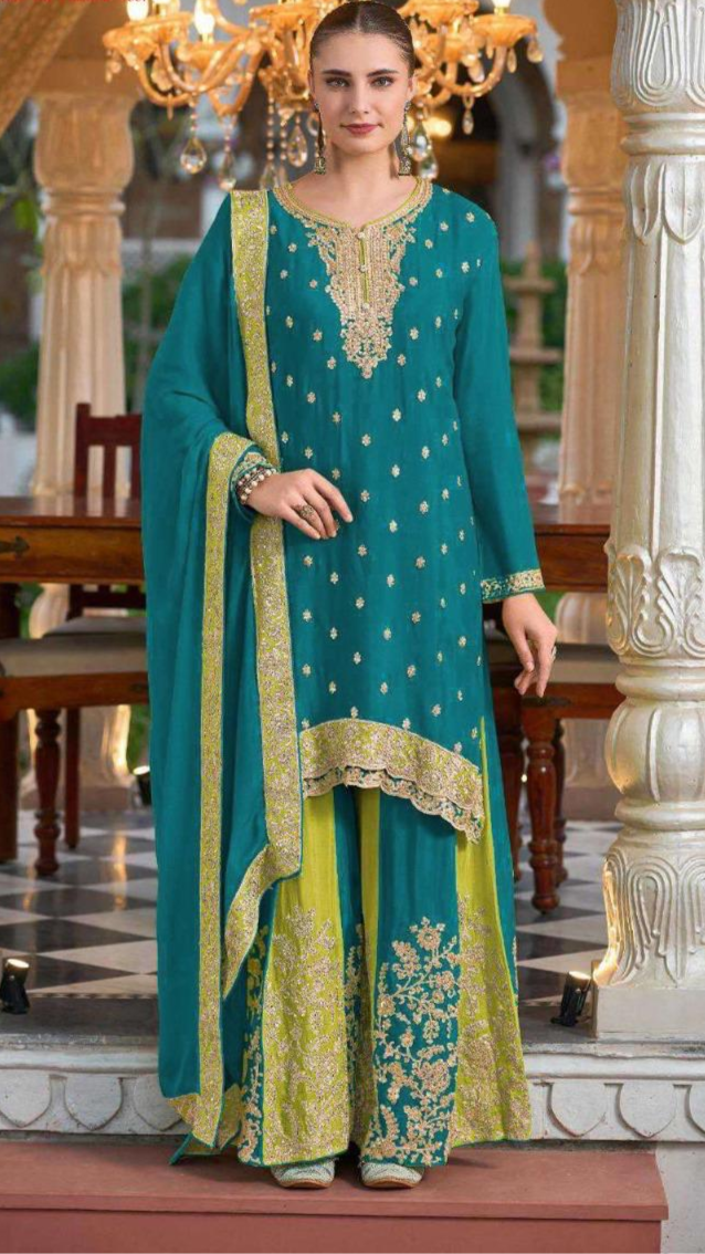 Attractive Navy Blue Chinon Embroidery Work With Plazzo Suit Set