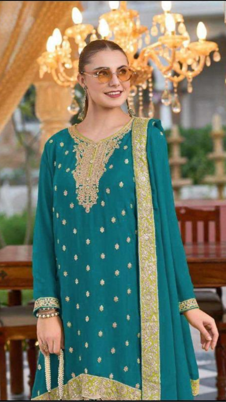 Attractive Navy Blue Chinon Embroidery Work With Plazzo Suit Set