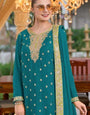Attractive Navy Blue Chinon Embroidery Work With Plazzo Suit Set