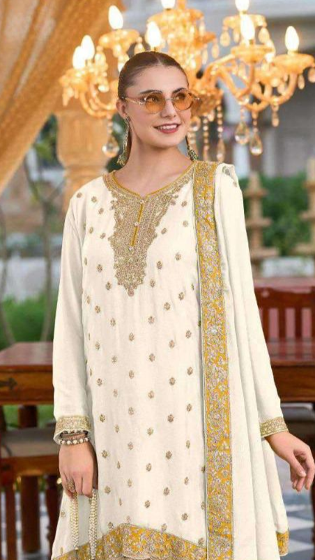 Charismatic Off White Chinon Embroidery Work With Plazzo Suit Set
