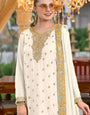 Charismatic Off White Chinon Embroidery Work With Plazzo Suit Set