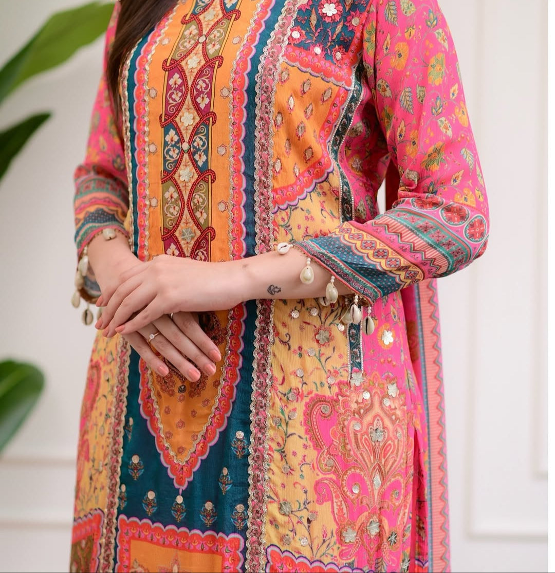 Effervescent Orange Chinon With Gota And Cowry Suit Set