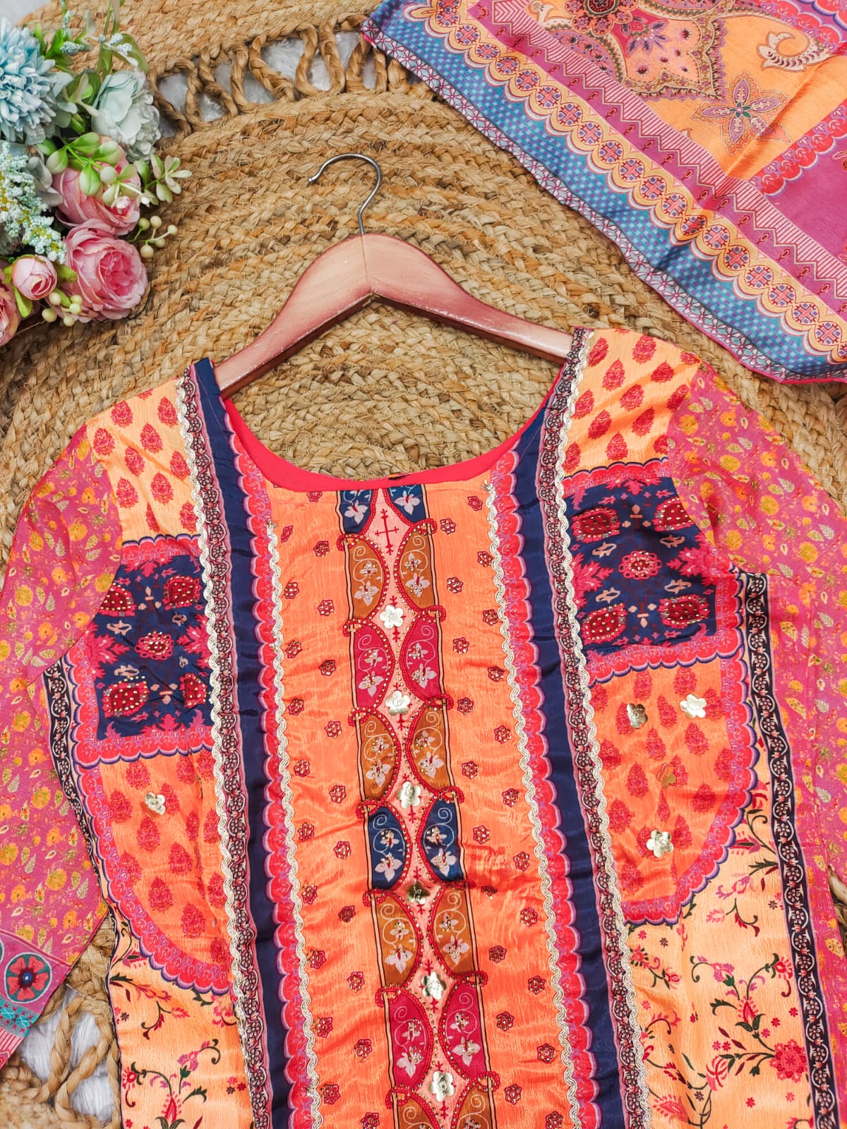 Effervescent Orange Chinon With Gota And Cowry Suit Set
