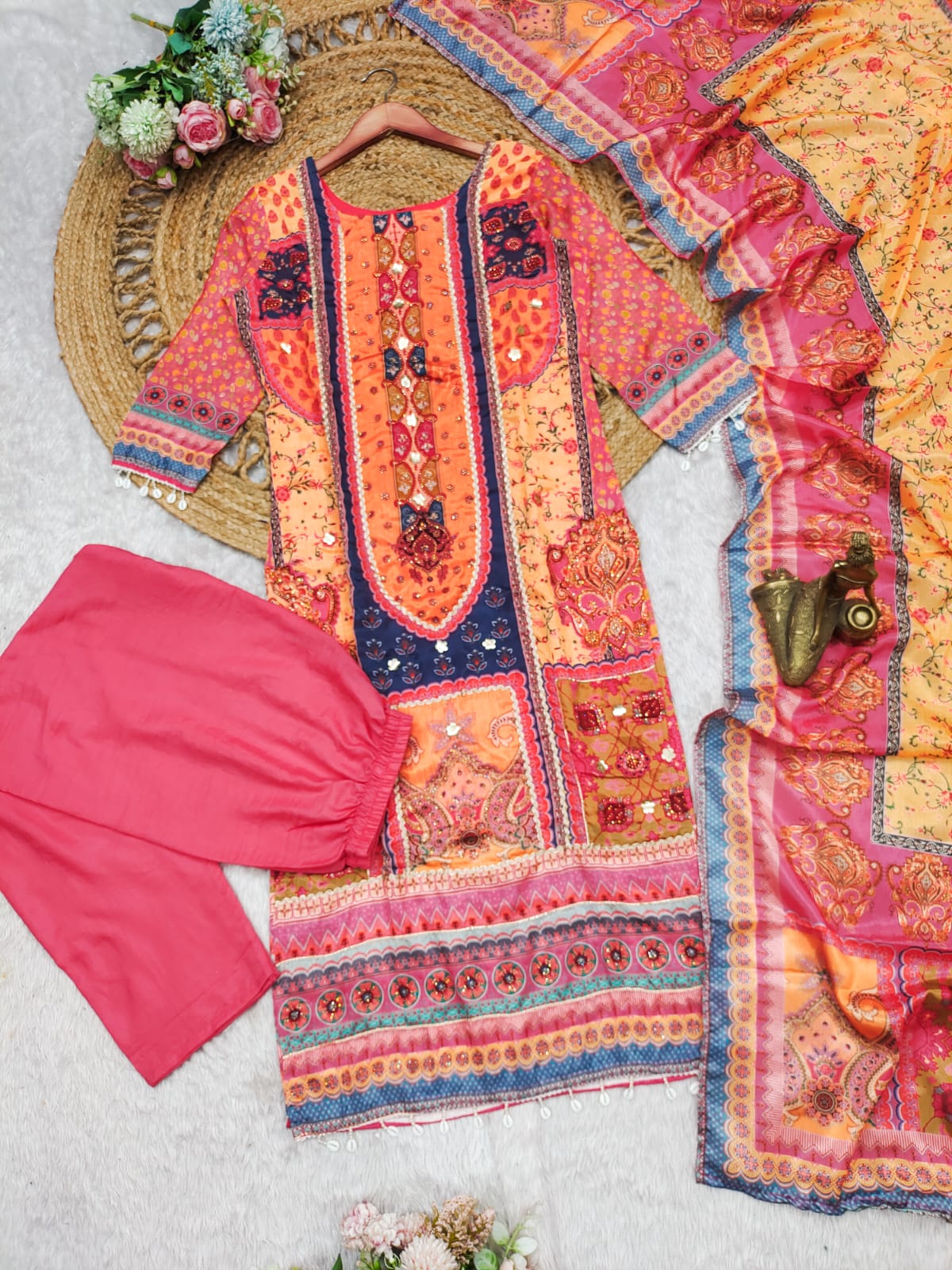 Effervescent Orange Chinon With Gota And Cowry Suit Set