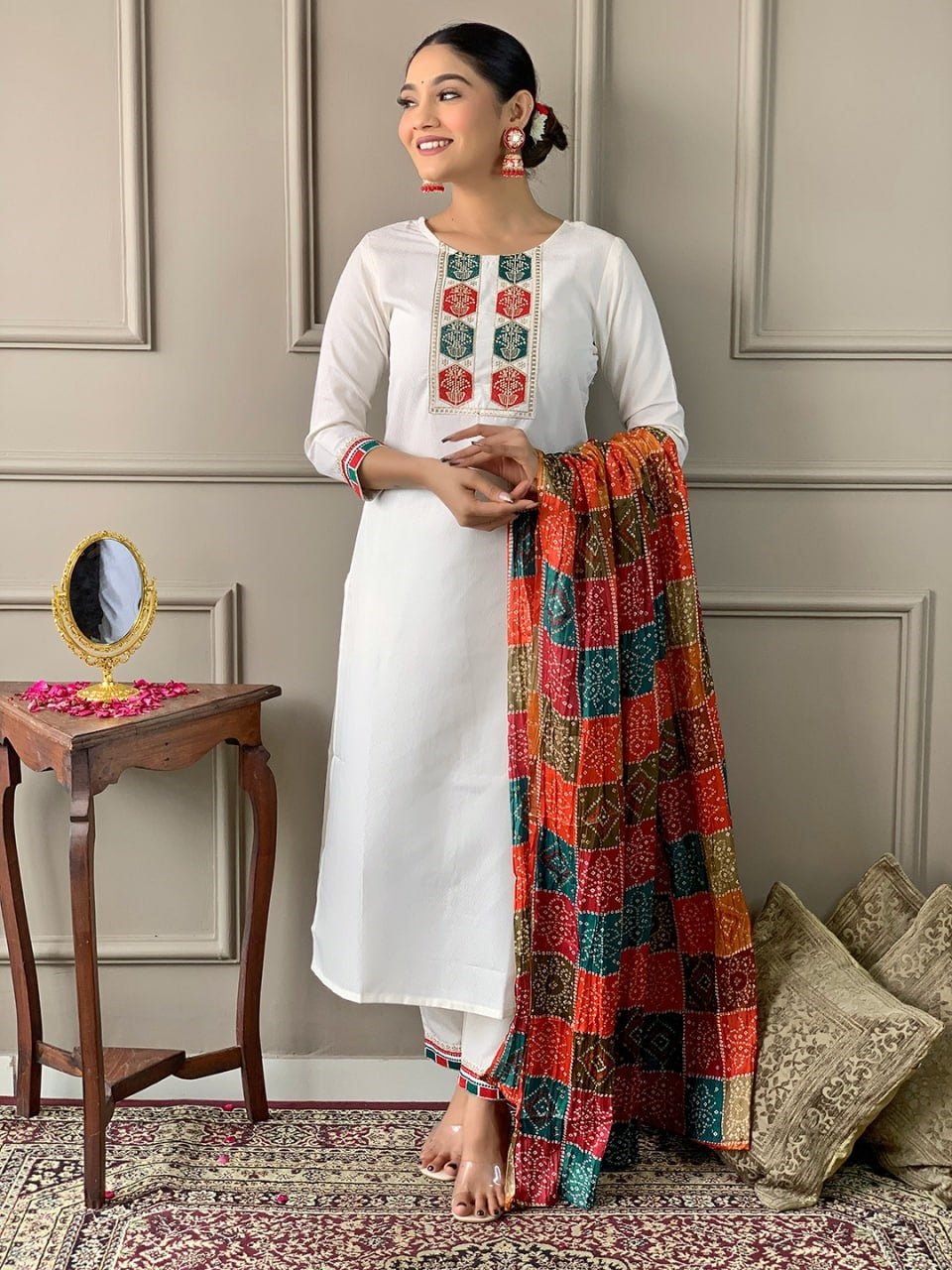 Blissful White viscose embroidered Work Suit Set