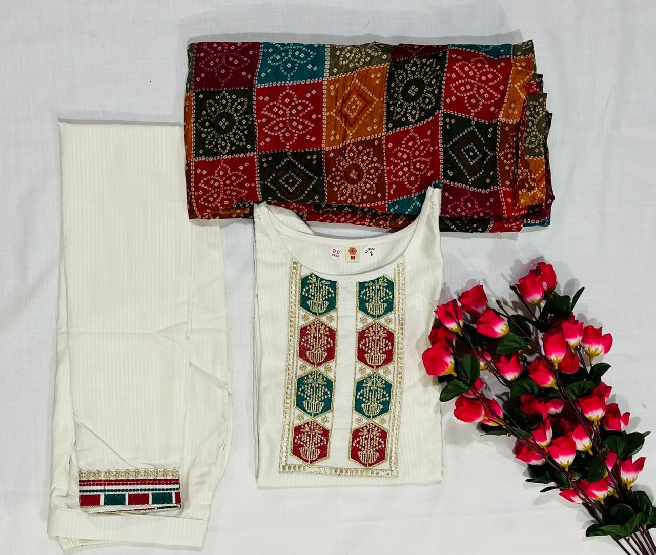 Blissful White viscose embroidered Work Suit Set