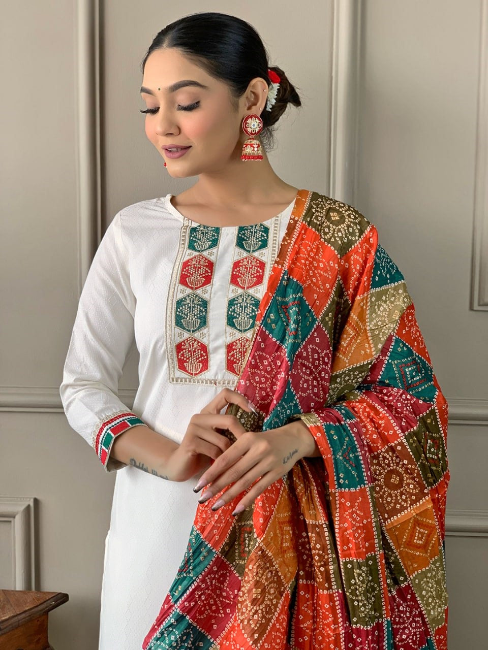Blissful White viscose embroidered Work Suit Set