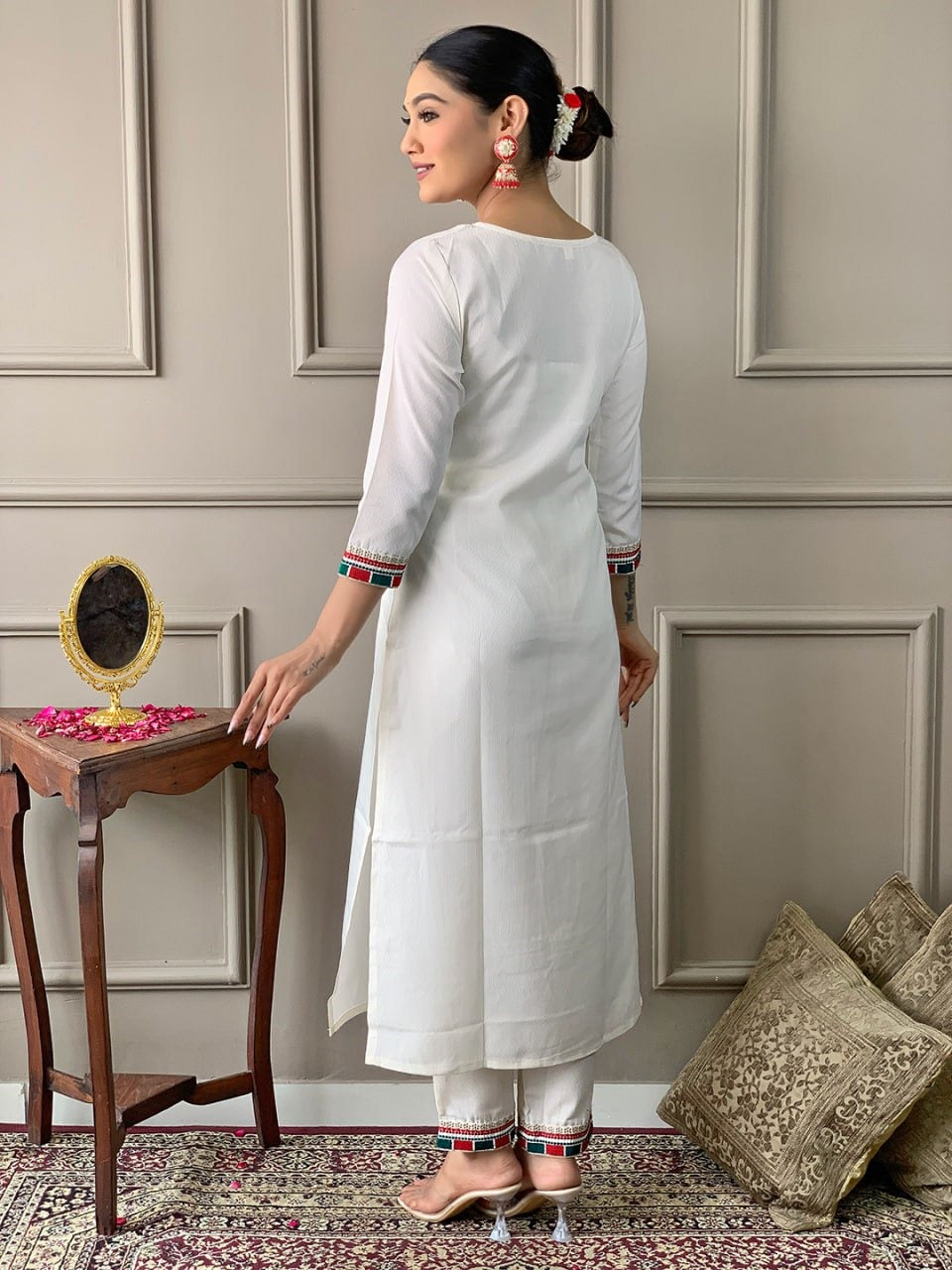 Blissful White viscose embroidered Work Suit Set