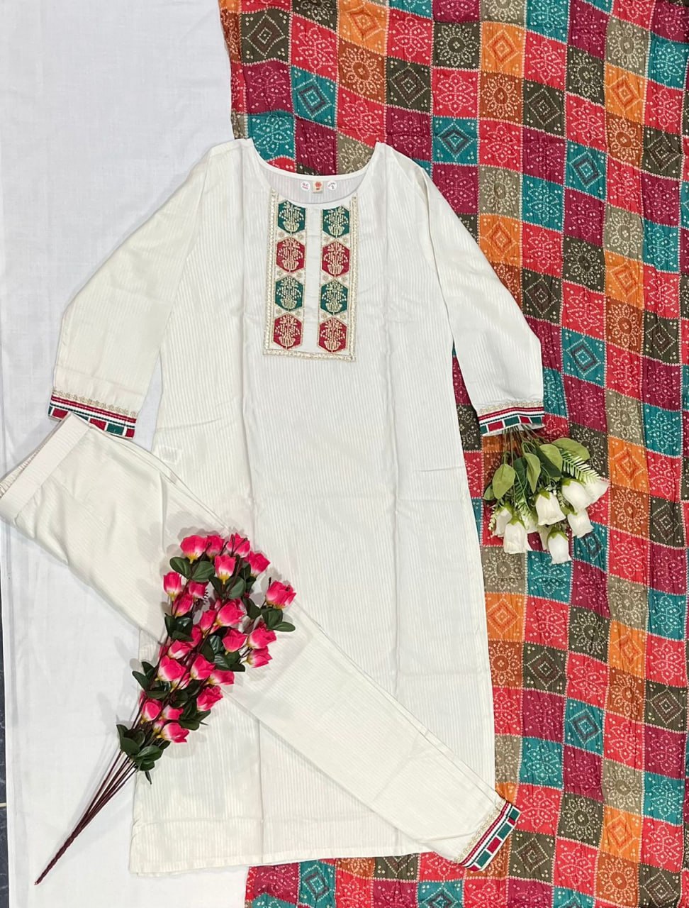 Blissful White viscose embroidered Work Suit Set