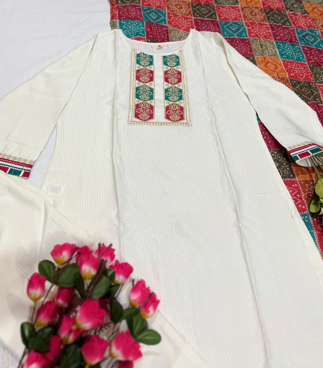 Blissful White viscose embroidered Work Suit Set