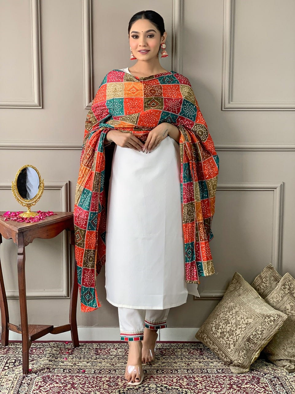 Blissful White viscose embroidered Work Suit Set