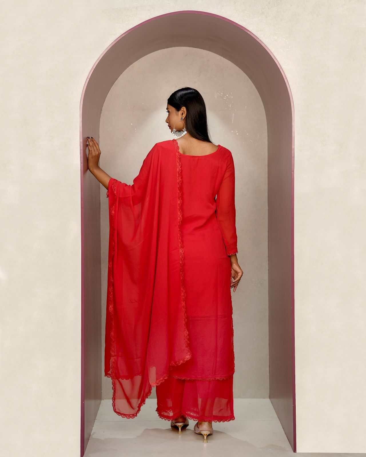 Mesmeric Red Georgette With Chikankari Embroidery work Suit Set