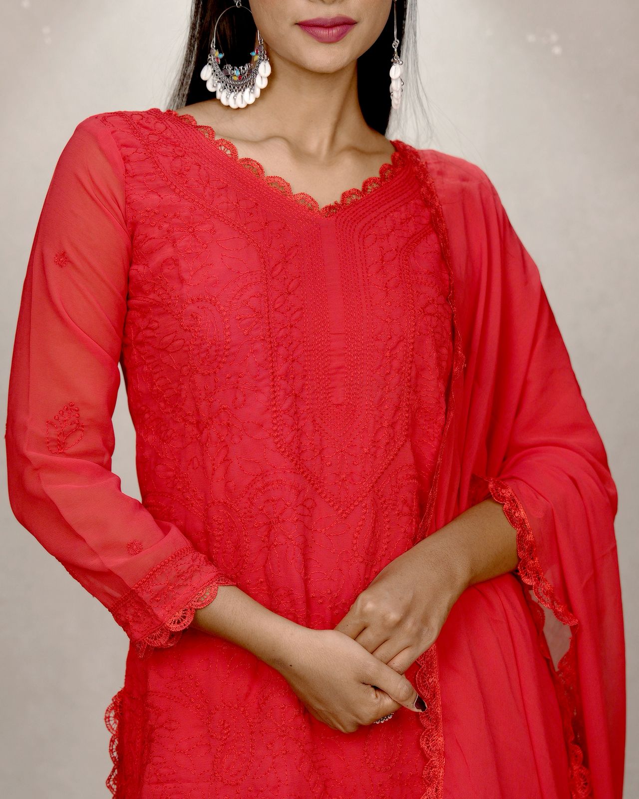 Mesmeric Red Georgette With Chikankari Embroidery work Suit Set