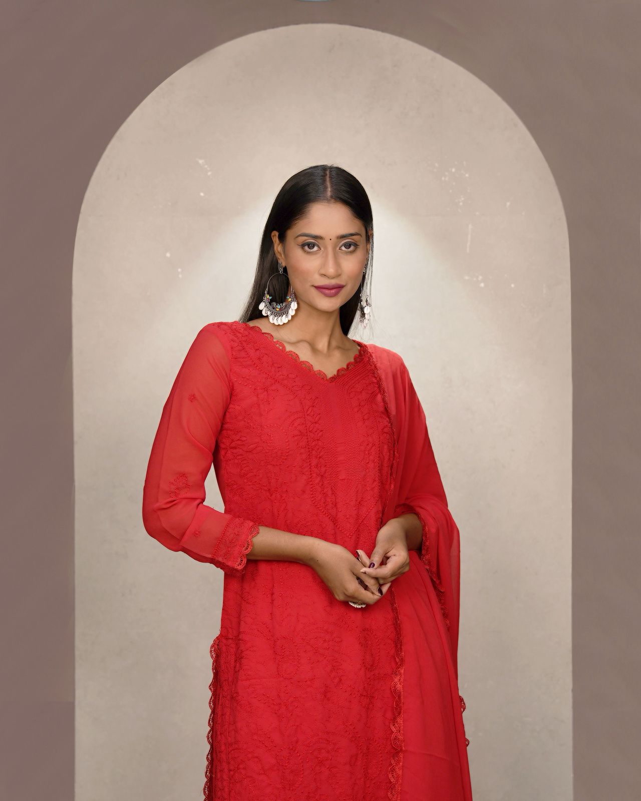 Mesmeric Red Georgette With Chikankari Embroidery work Suit Set