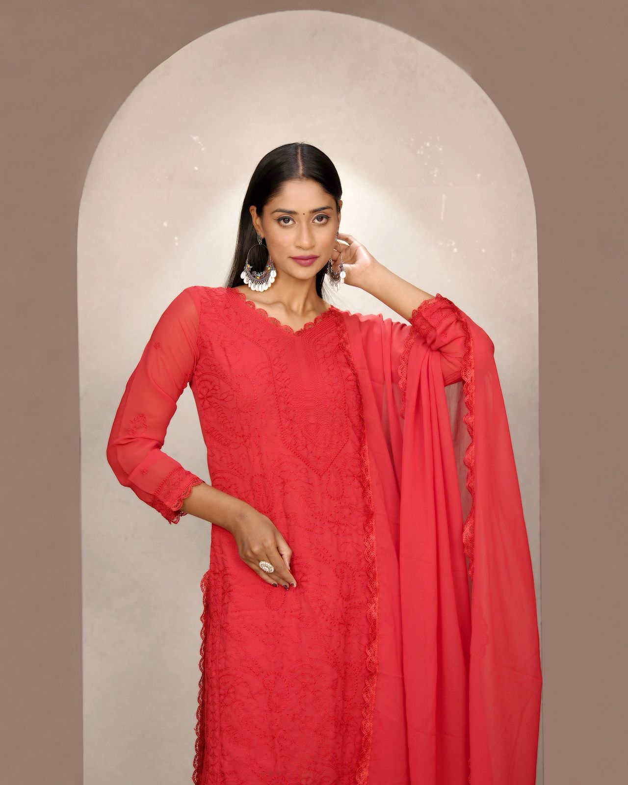 Mesmeric Red Georgette With Chikankari Embroidery work Suit Set