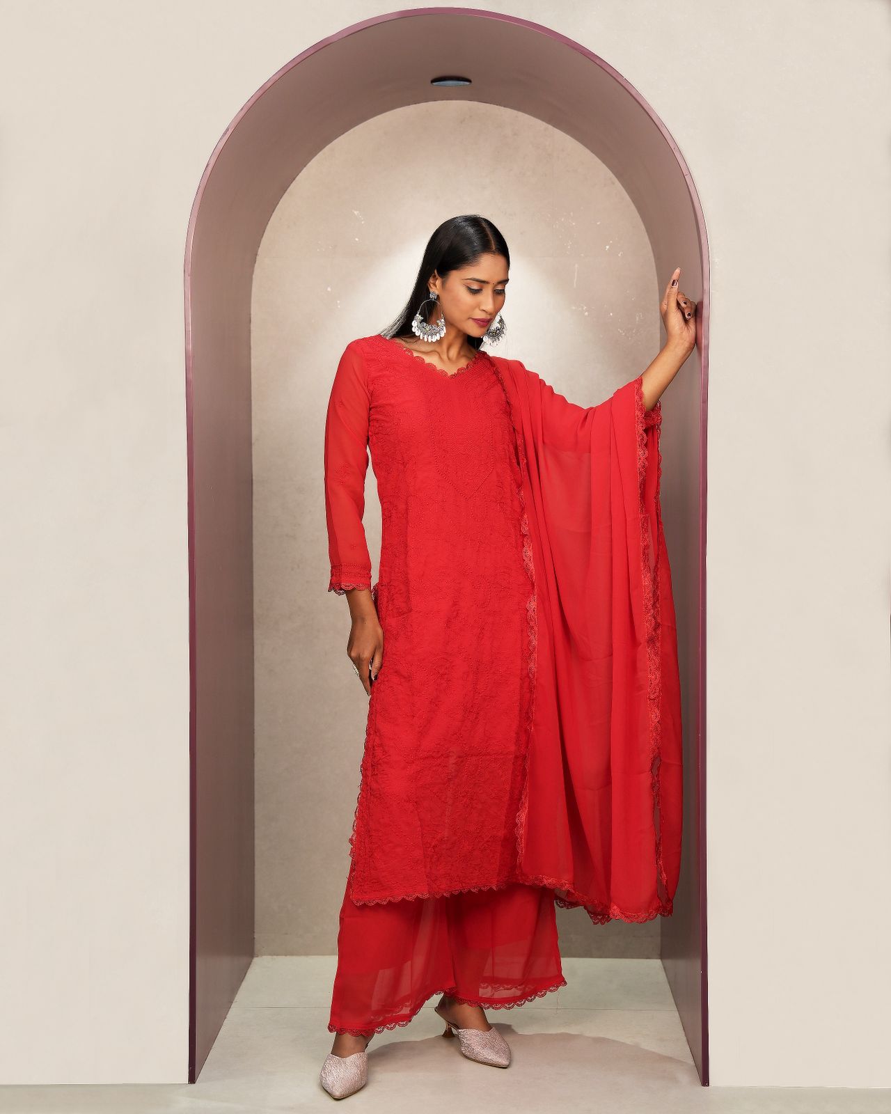 Mesmeric Red Georgette With Chikankari Embroidery work Suit Set