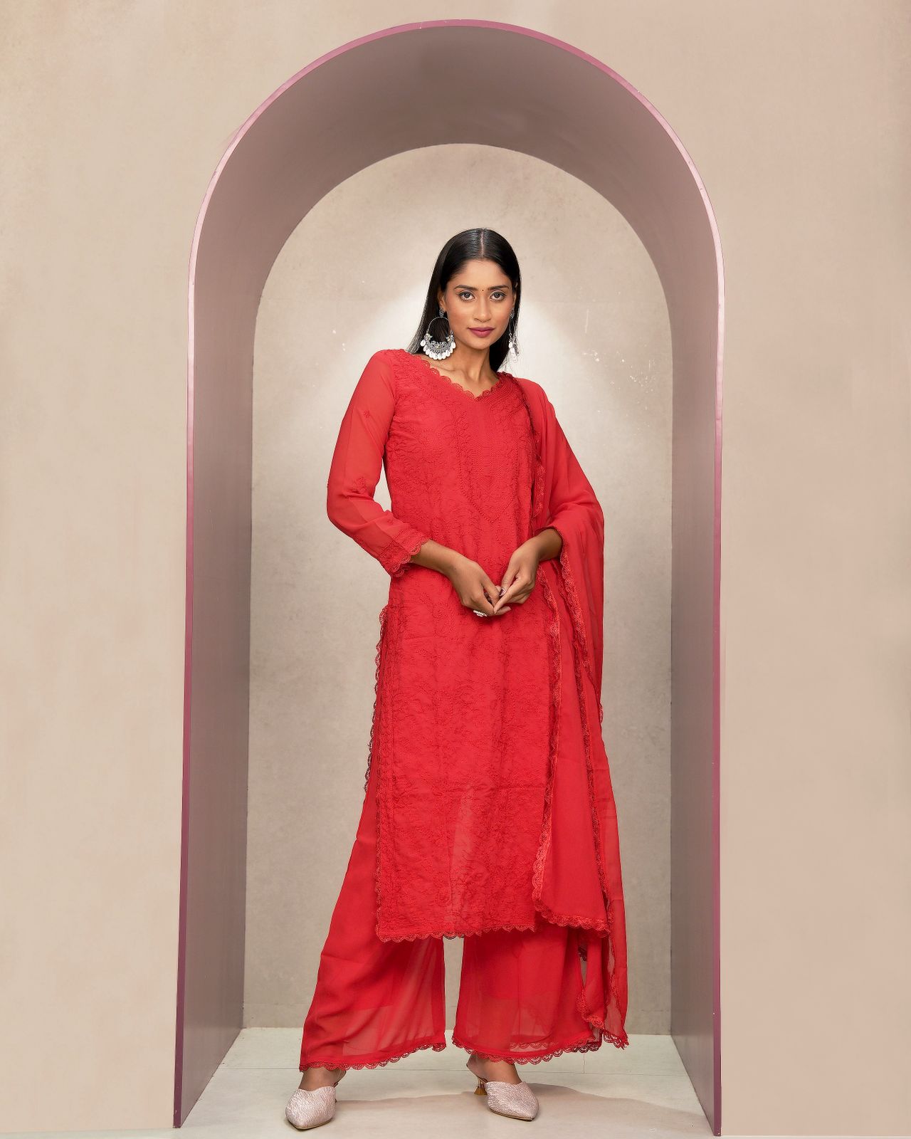 Mesmeric Red Georgette With Chikankari Embroidery work Suit Set