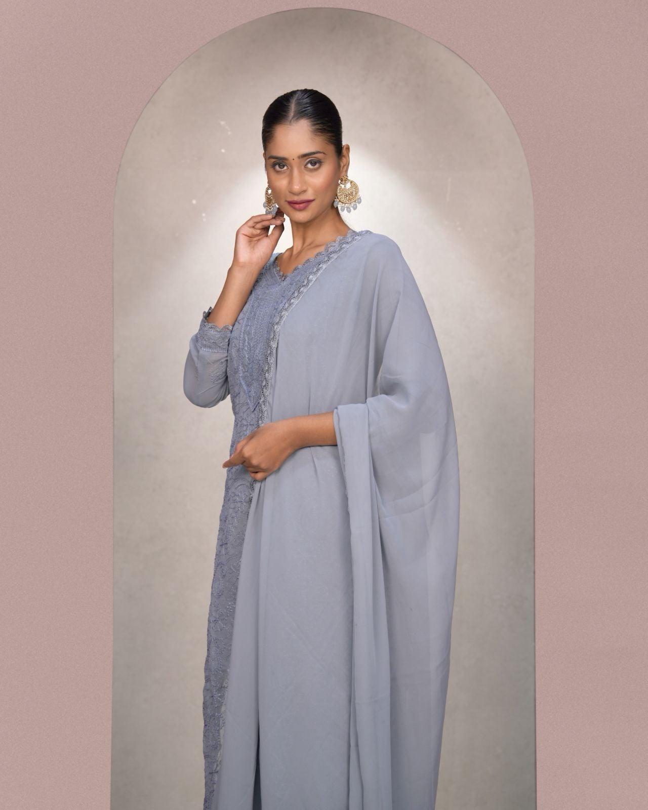 Attractive Grey Georgette With Chikankari Embroidery work Suit Set