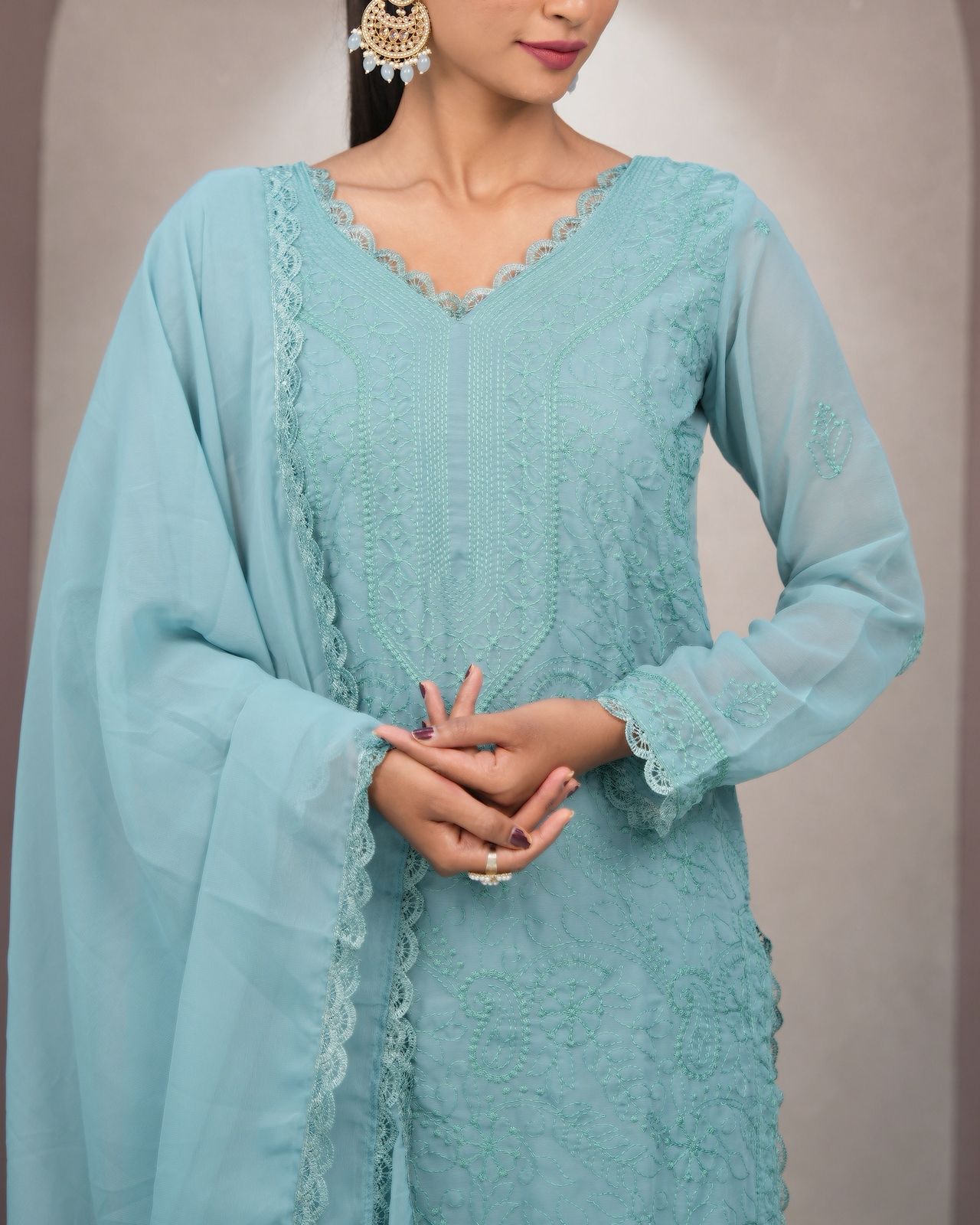 Tremendous Rama Georgette With Chikankari Embroidery work Suit Set