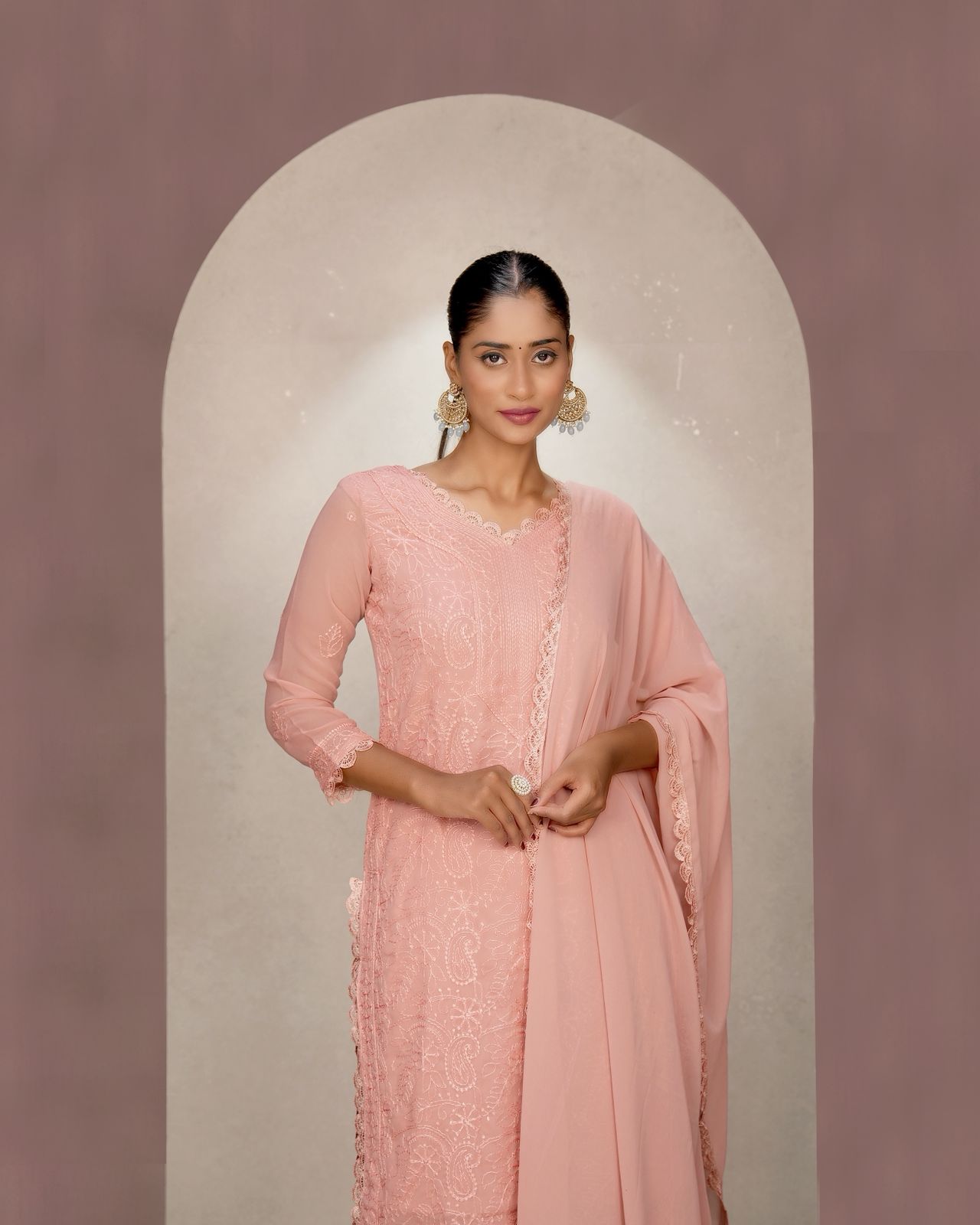 Felicitous Baby Pink Georgette With Chikankari Embroidery work Suit Set