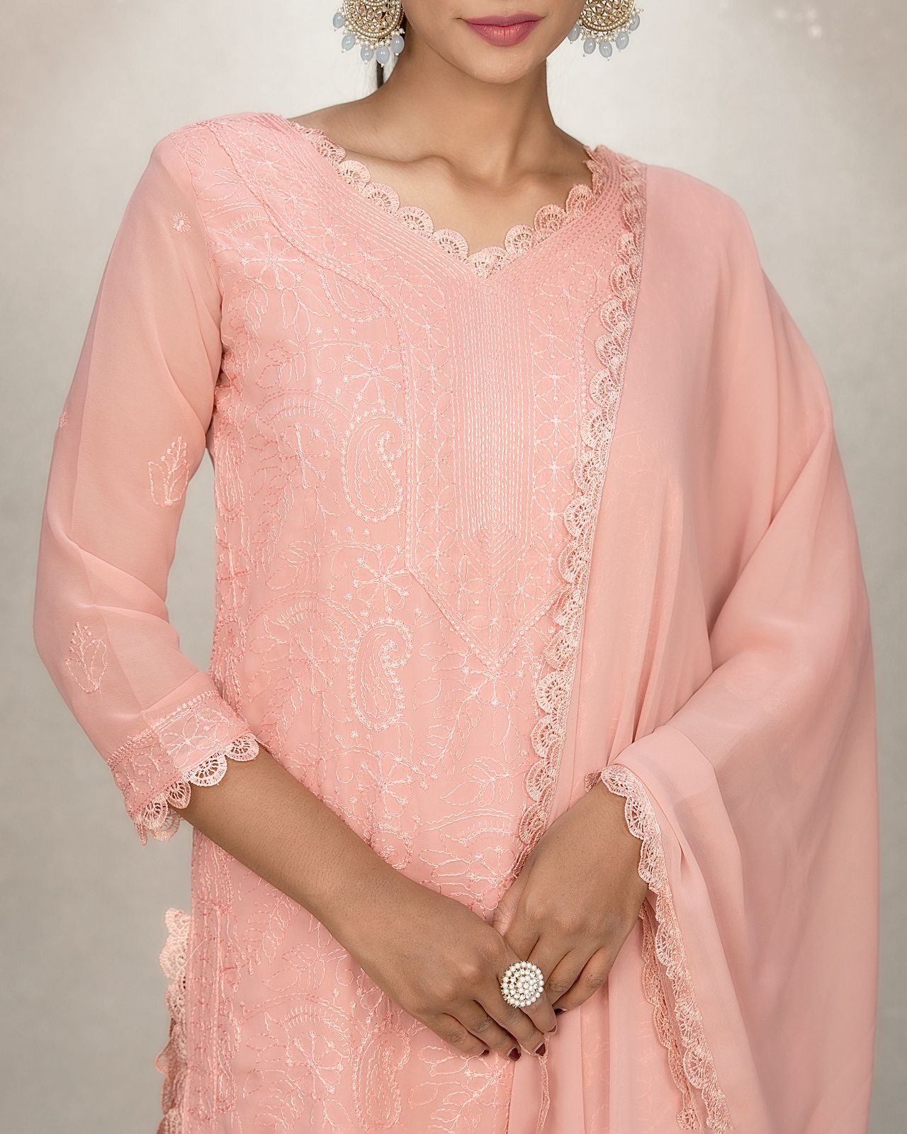 Felicitous Baby Pink Georgette With Chikankari Embroidery work Suit Set
