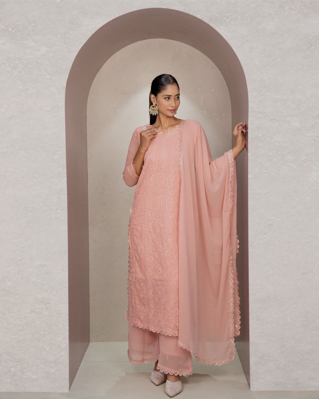 Felicitous Baby Pink Georgette With Chikankari Embroidery work Suit Set