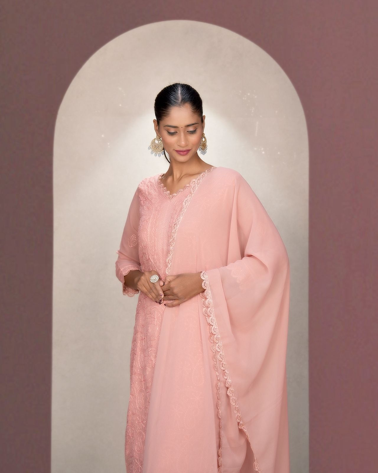 Felicitous Baby Pink Georgette With Chikankari Embroidery work Suit Set