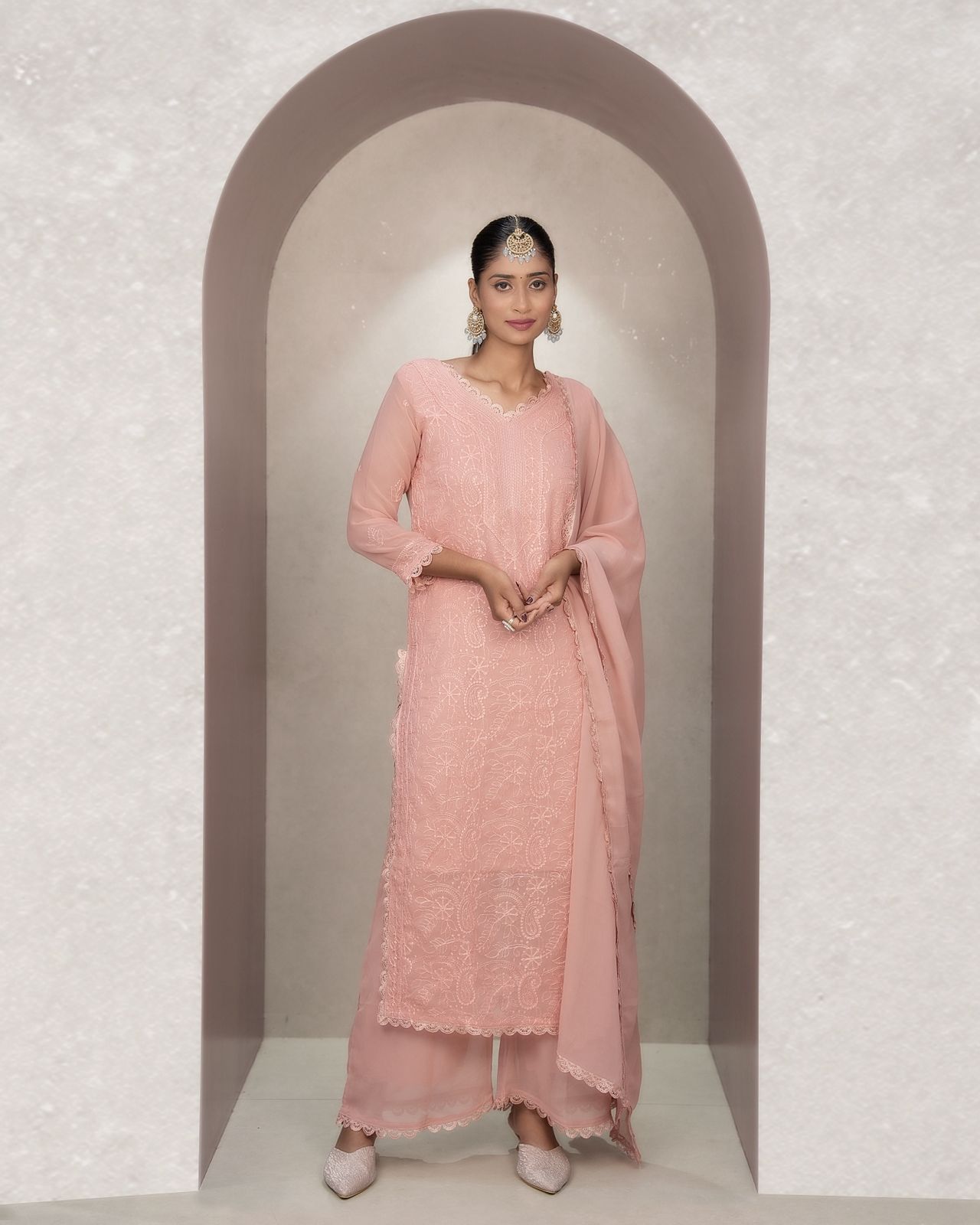 Felicitous Baby Pink Georgette With Chikankari Embroidery work Suit Set