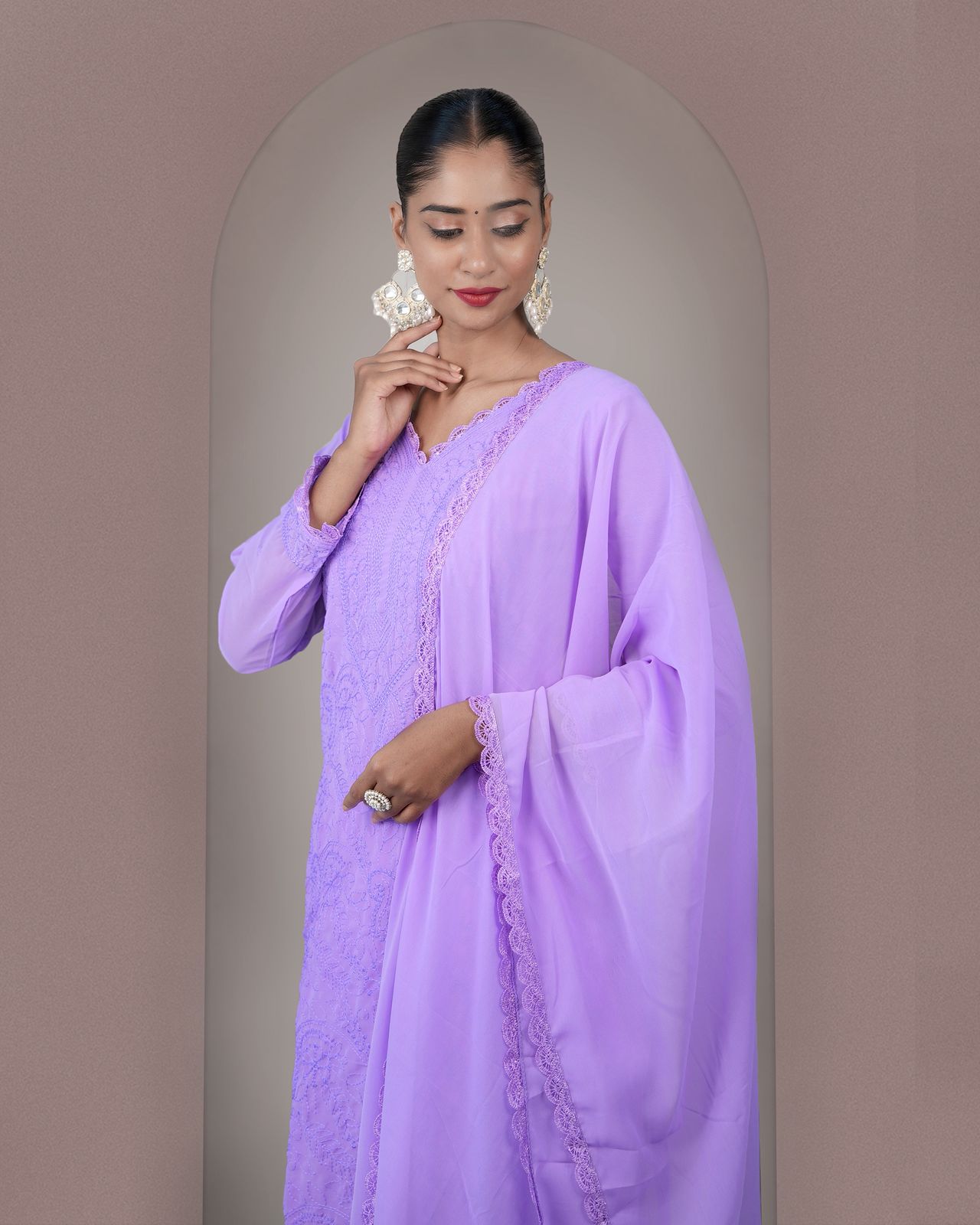 Charming Lavender Georgette With Chikankari Embroidery work Suit Set