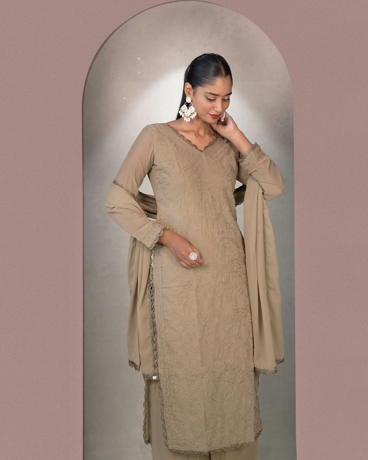 Outstanding Brown Georgette With Chikankari Embroidery work Suit Set