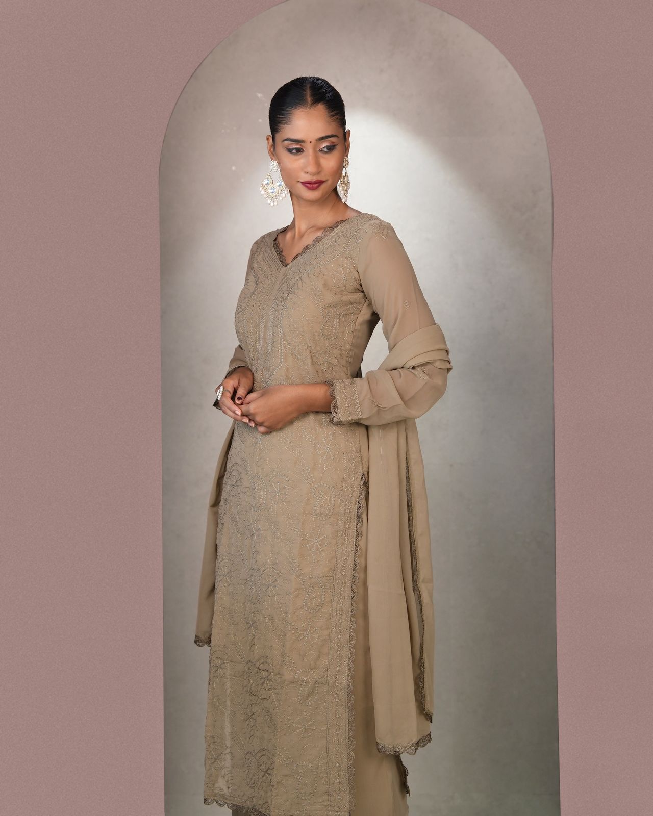 Outstanding Brown Georgette With Chikankari Embroidery work Suit Set