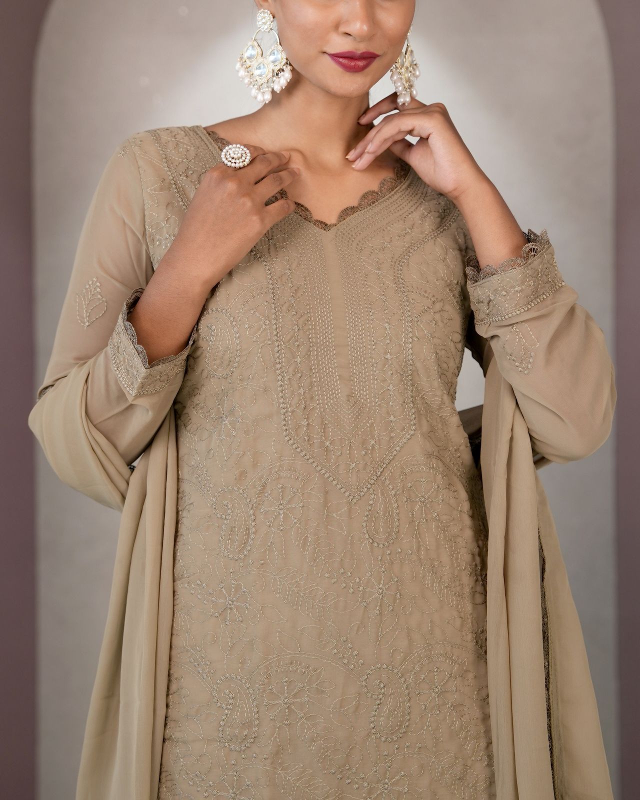 Outstanding Brown Georgette With Chikankari Embroidery work Suit Set