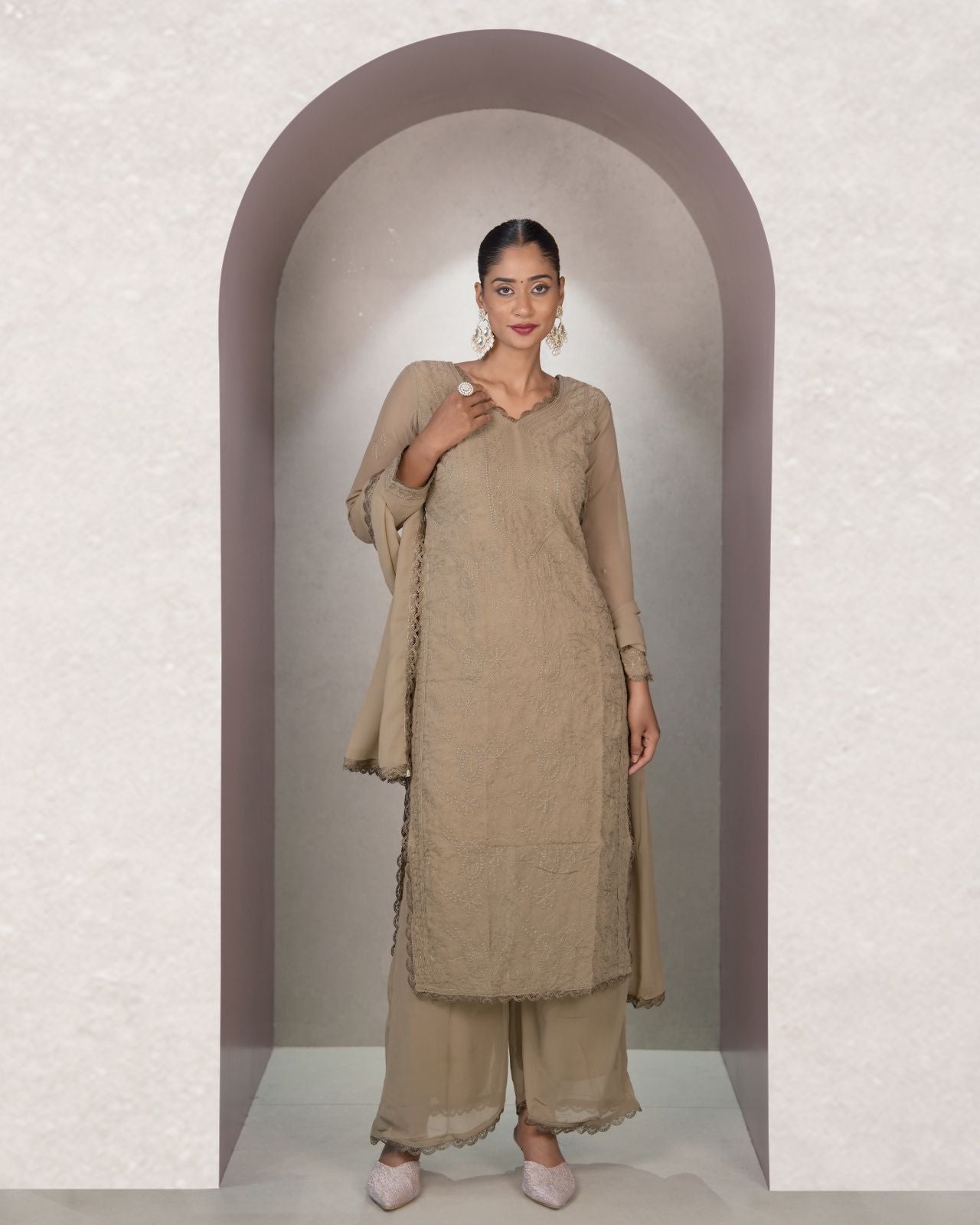 Outstanding Brown Georgette With Chikankari Embroidery work Suit Set
