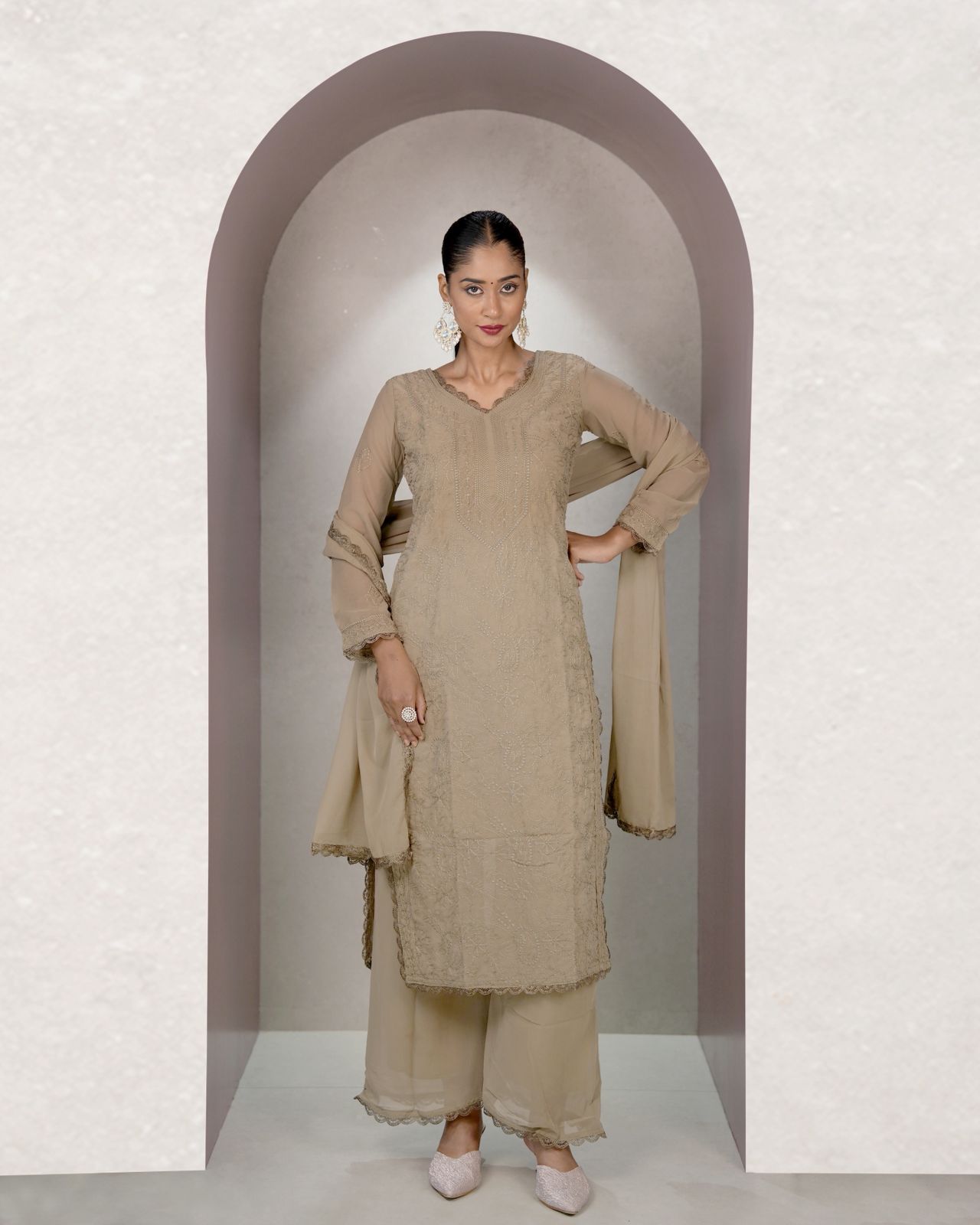 Outstanding Brown Georgette With Chikankari Embroidery work Suit Set