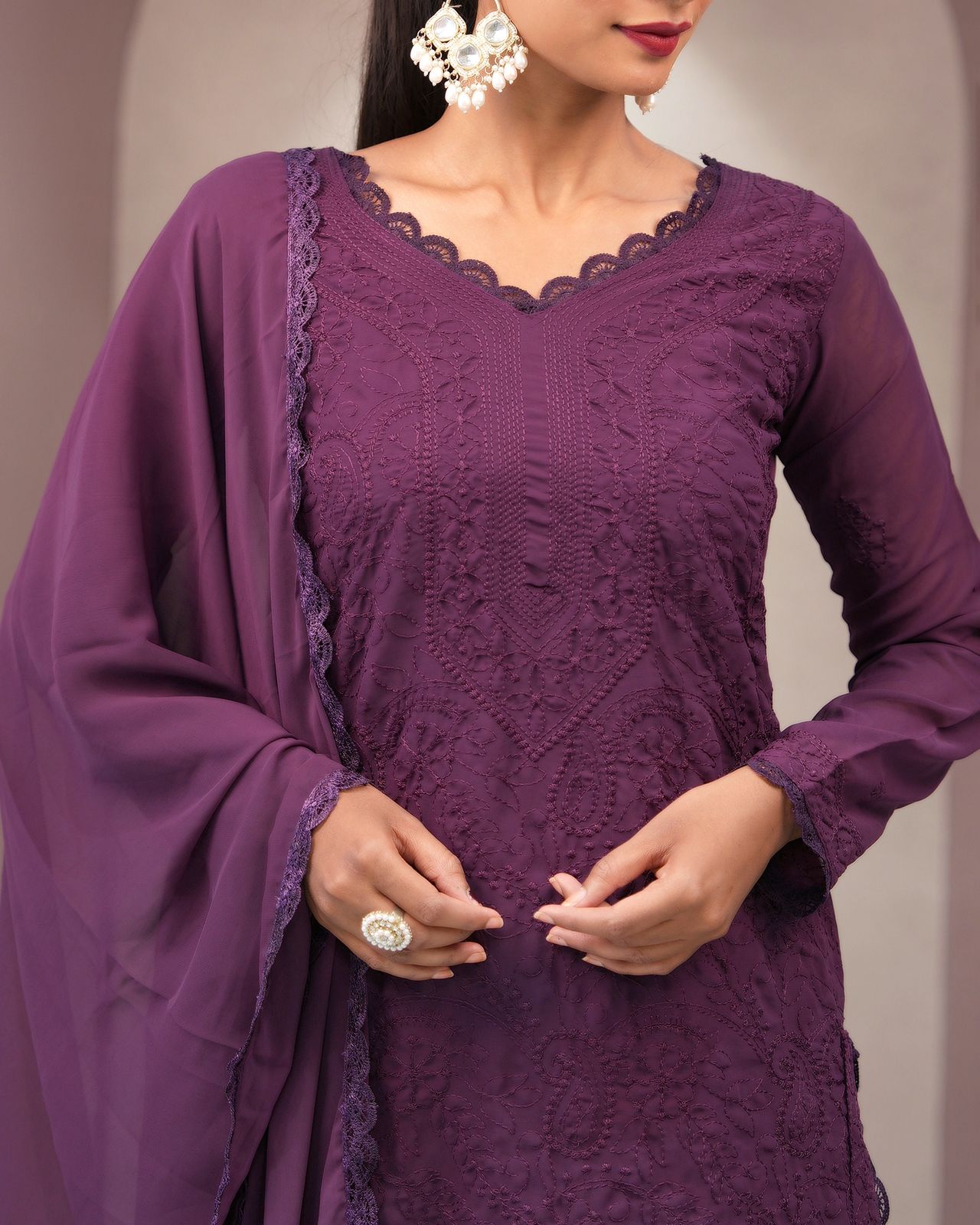 Opulent Wine Georgette With Chikankari Embroidery work Suit Set