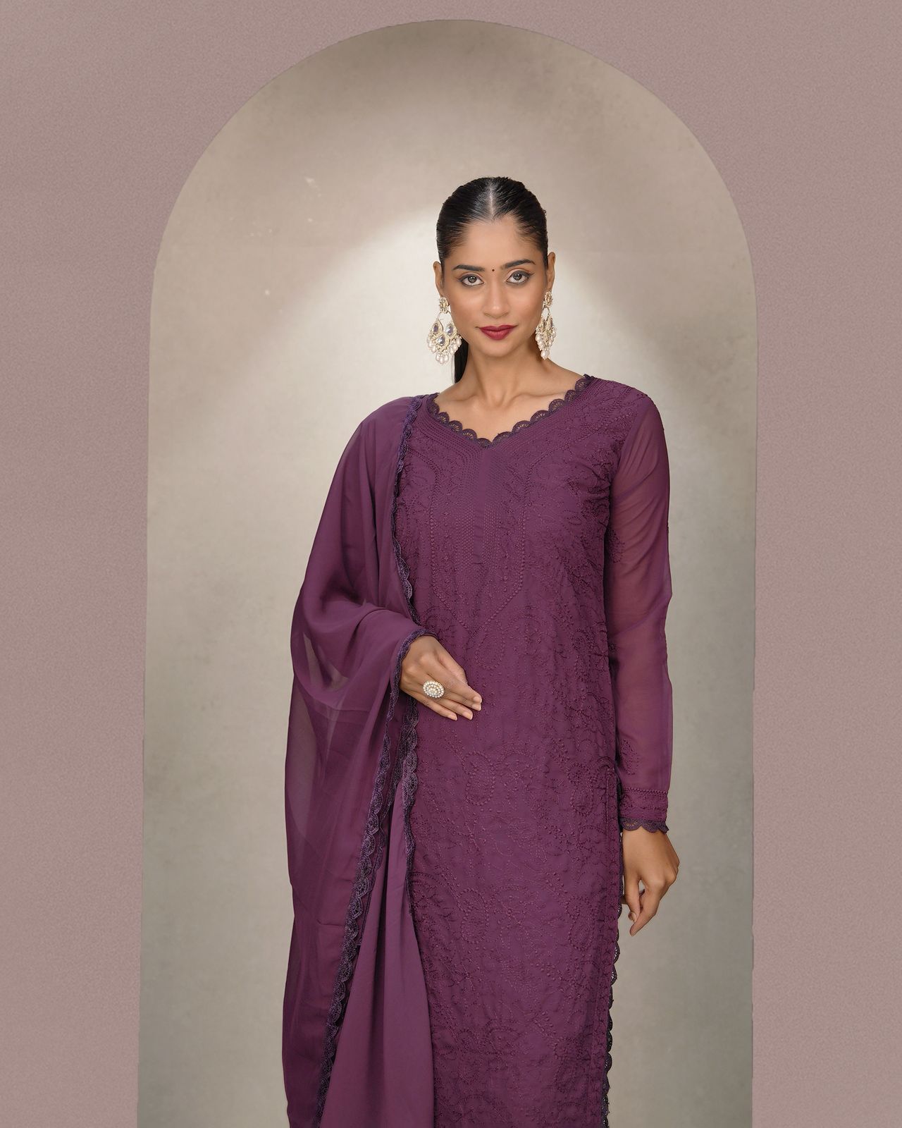 Opulent Wine Georgette With Chikankari Embroidery work Suit Set
