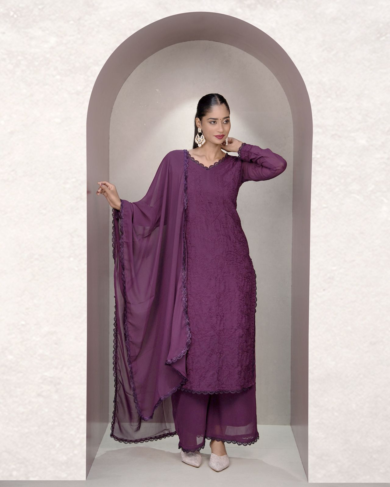 Opulent Wine Georgette With Chikankari Embroidery work Suit Set