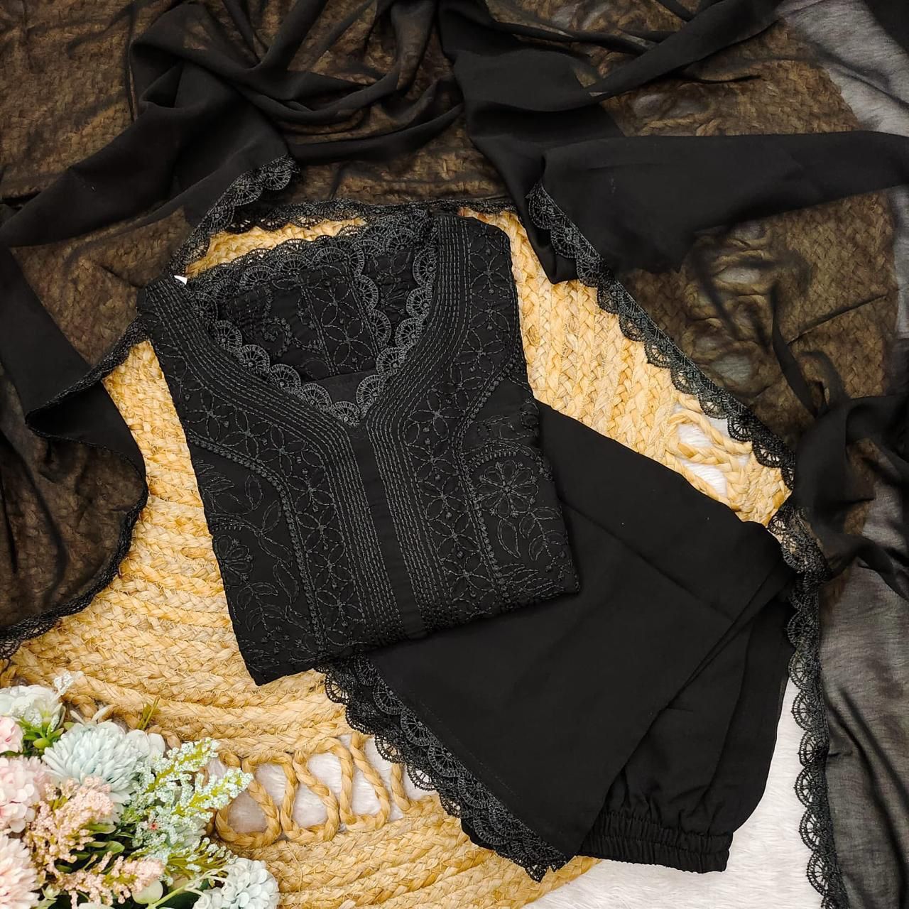 Tremendous Black Georgette With Chikankari Embroidery work Suit Set