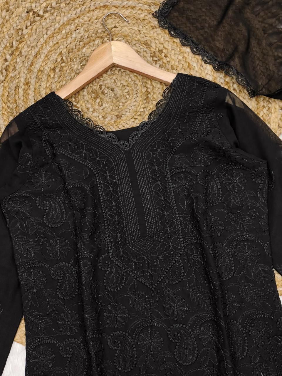 Tremendous Black Georgette With Chikankari Embroidery work Suit Set