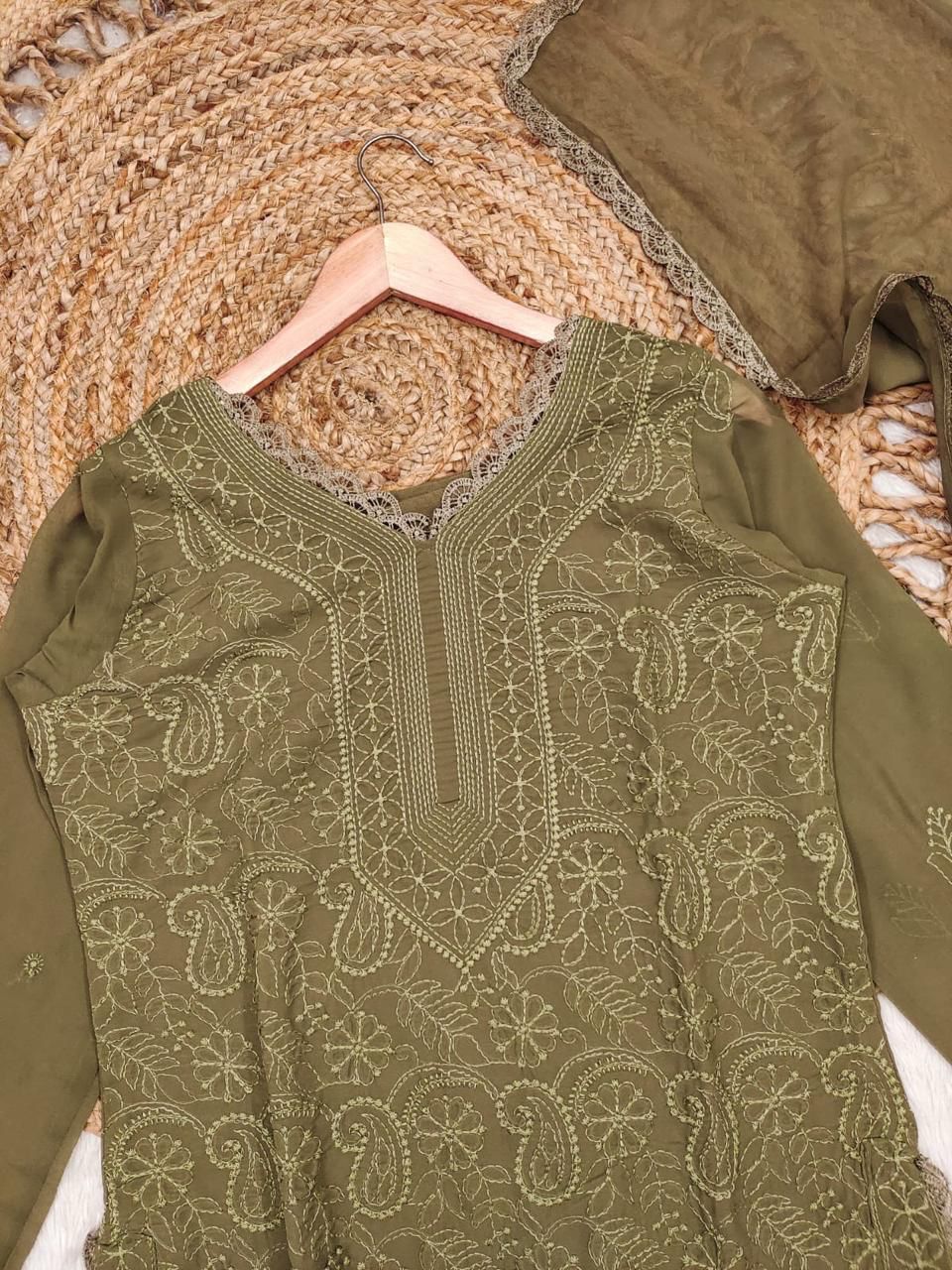 Outstanding Brown Georgette With Chikankari Embroidery work Suit Set