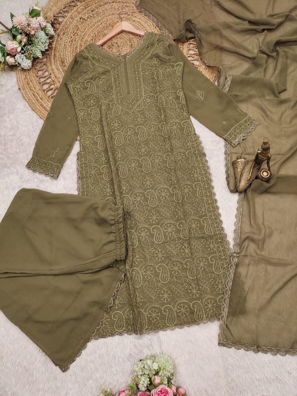Outstanding Brown Georgette With Chikankari Embroidery work Suit Set