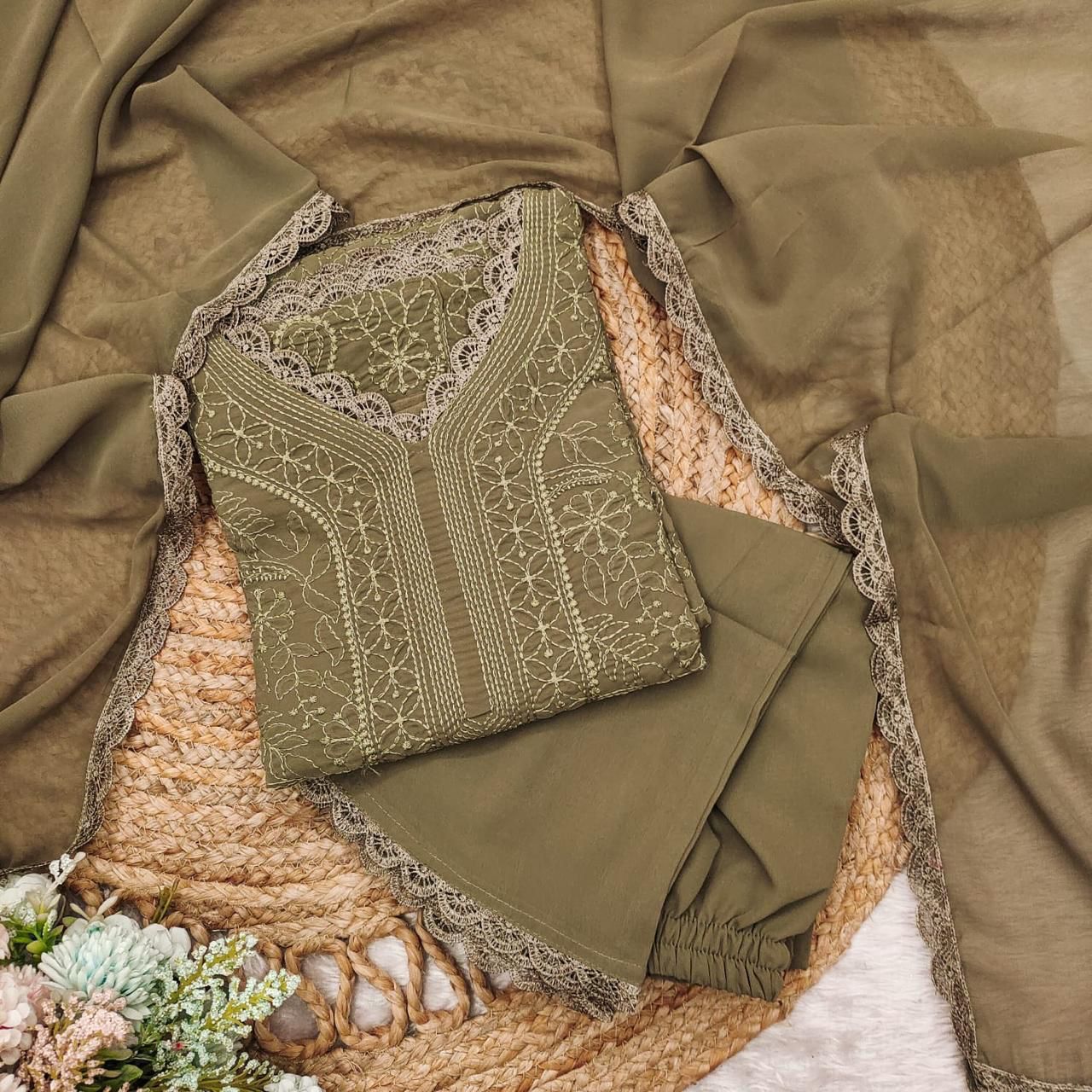 Outstanding Brown Georgette With Chikankari Embroidery work Suit Set