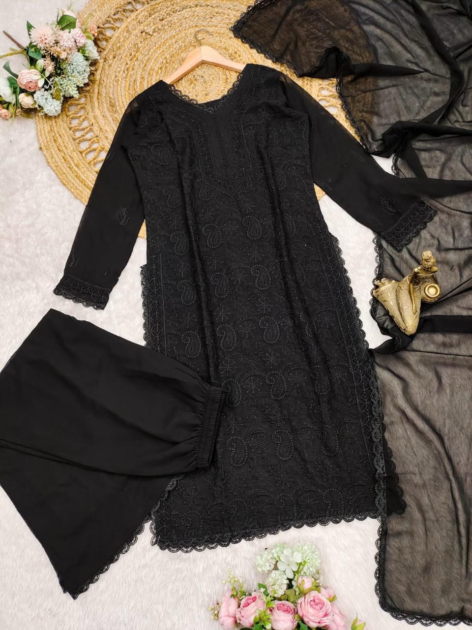 Tremendous Black Georgette With Chikankari Embroidery work Suit Set