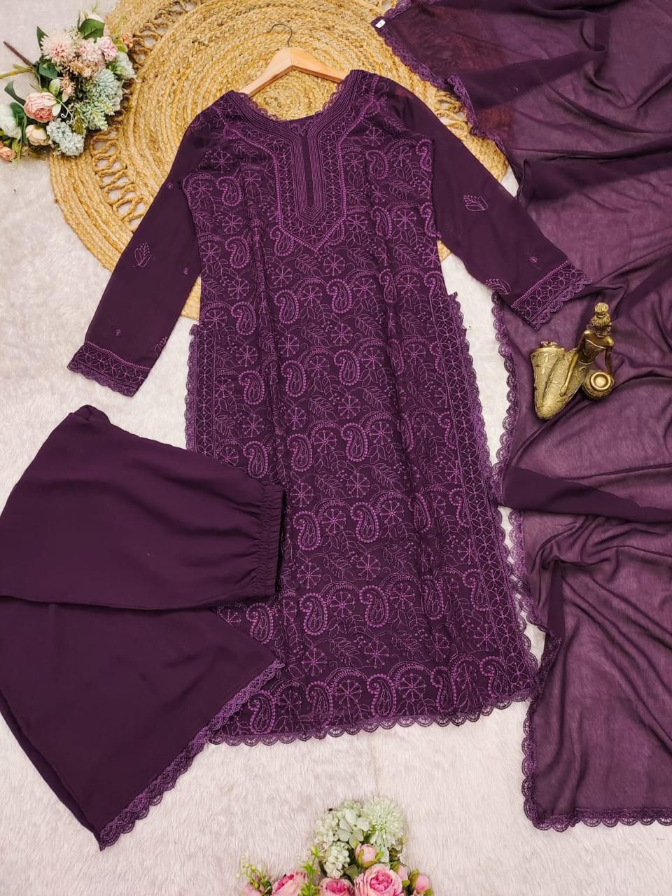 Opulent Wine Georgette With Chikankari Embroidery work Suit Set