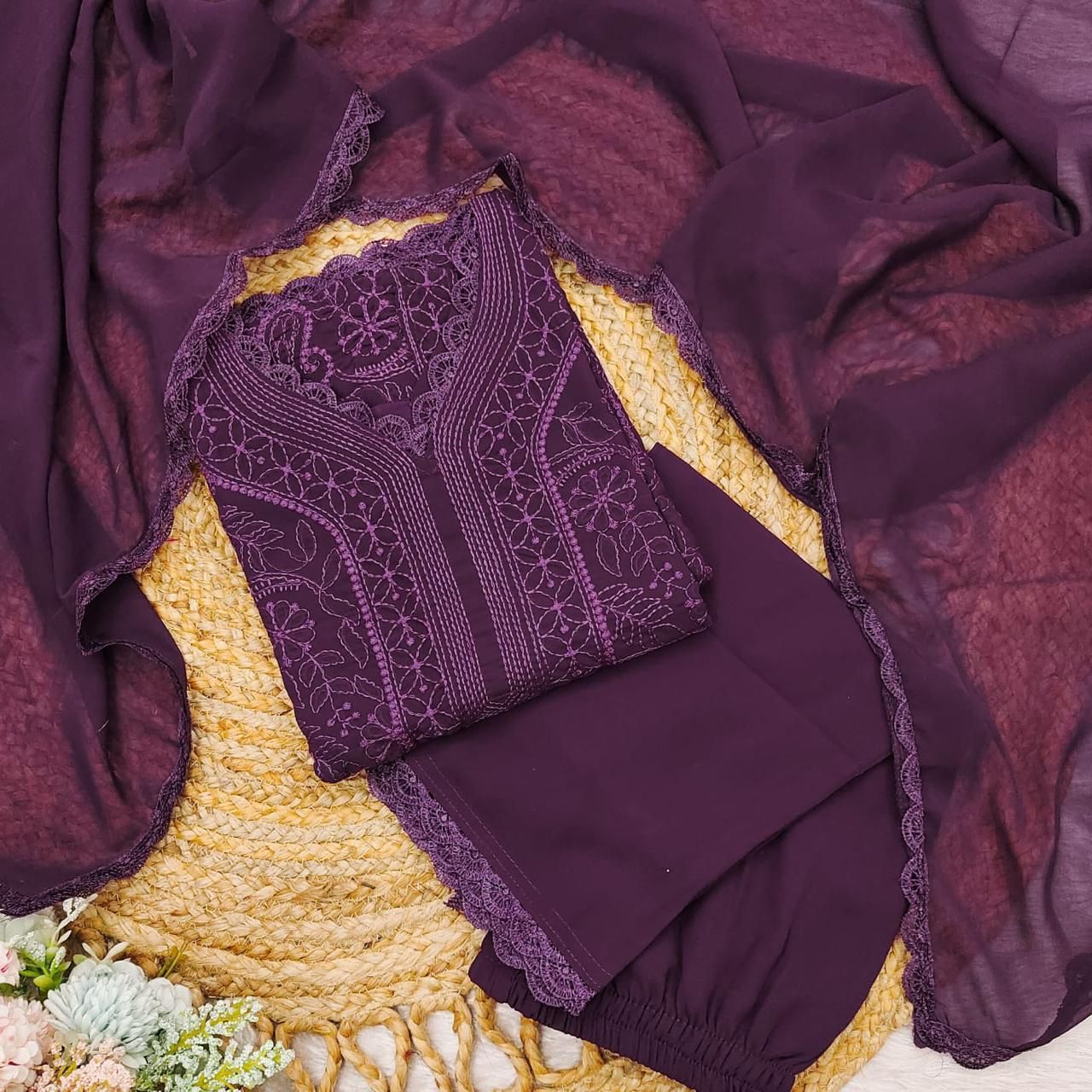 Opulent Wine Georgette With Chikankari Embroidery work Suit Set