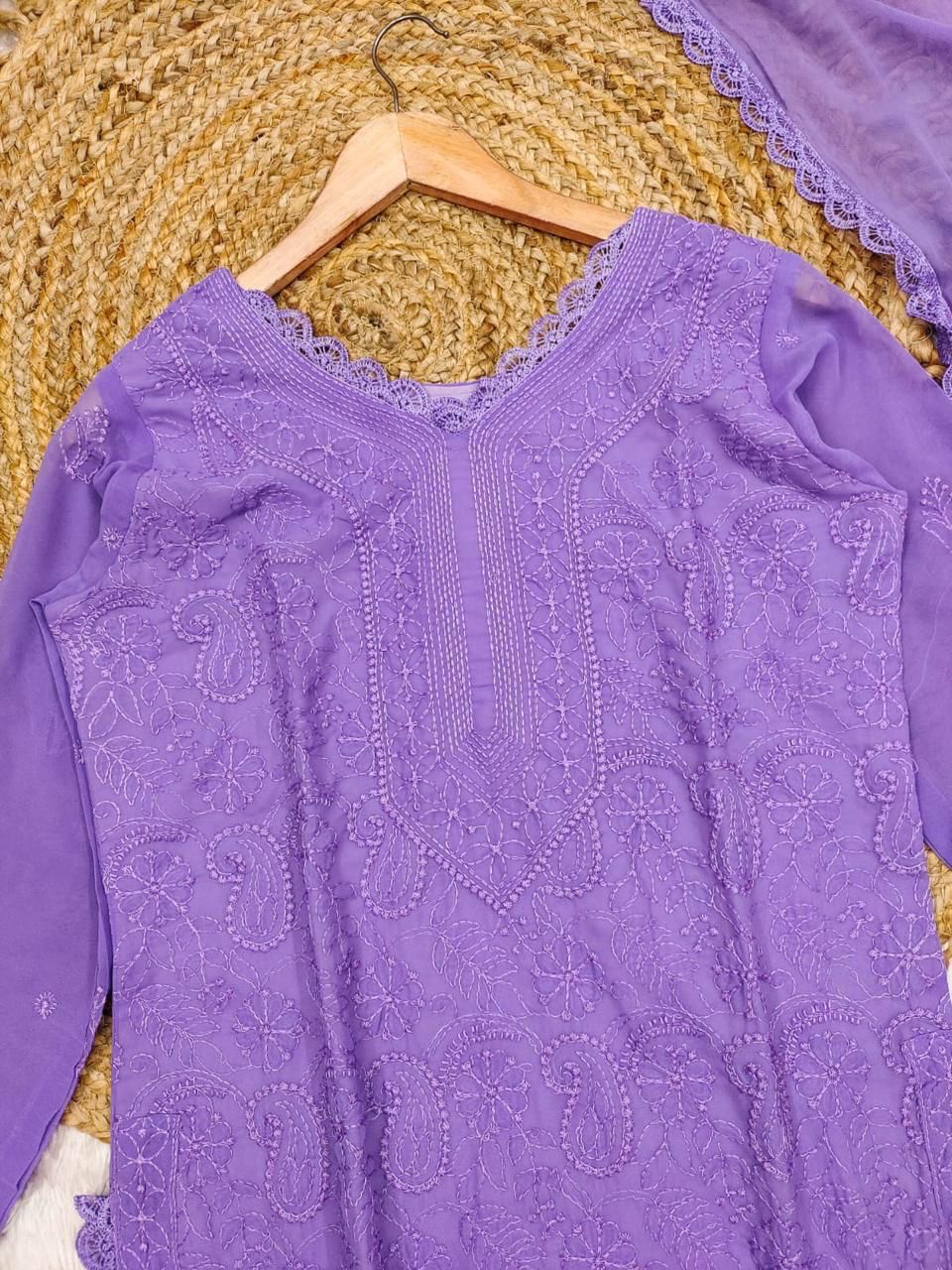 Charming Lavender Georgette With Chikankari Embroidery work Suit Set