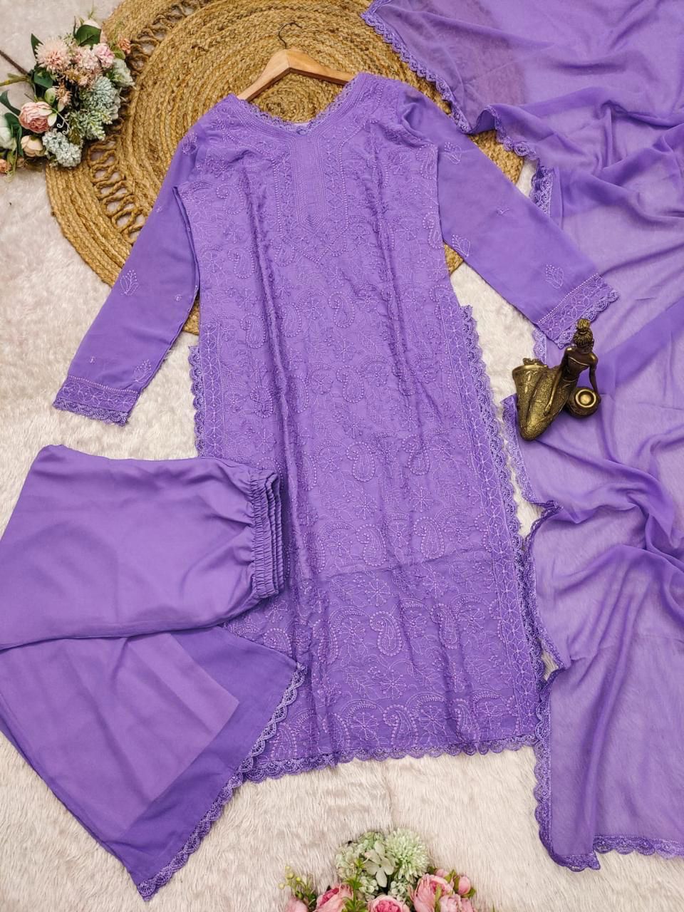 Charming Lavender Georgette With Chikankari Embroidery work Suit Set